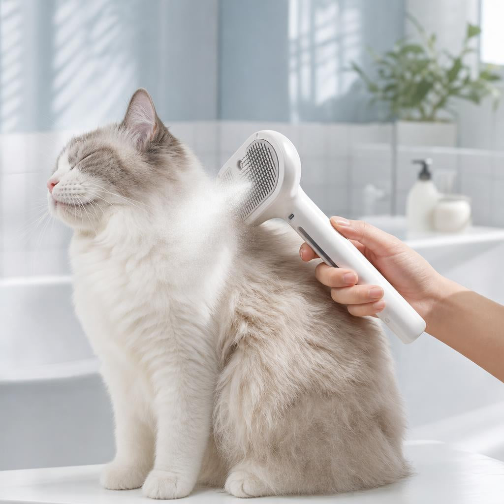 Gato siendo cepillado con el cepillo spray PawCalme