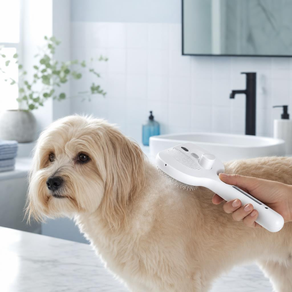 Perro siendo cepillado con el cepillo spray PawCalme