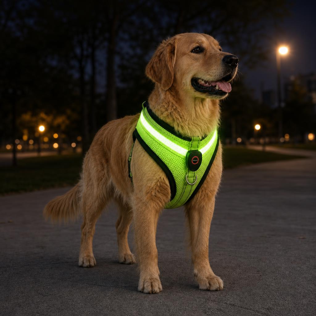 Perro paseando de noche con el arnes LED VisiDog encendido