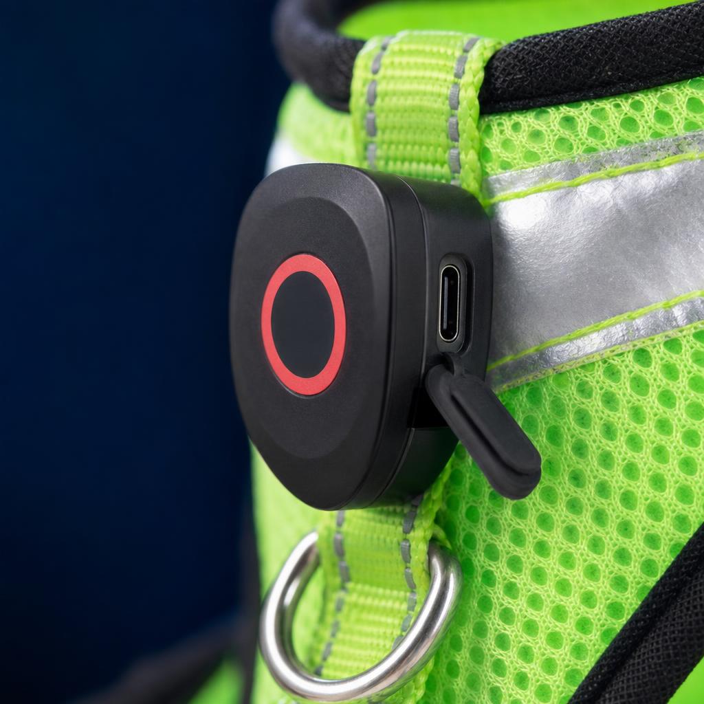 Detalle del compartimento de bateria USB-C del arnes VisiDog